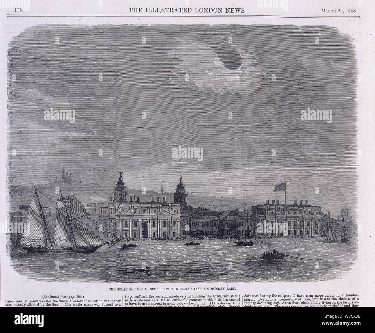 Solar Eclipse über das Royal Observatory, Greenwich, 1858 gesehen. Artist: Unbekannt Stockfoto