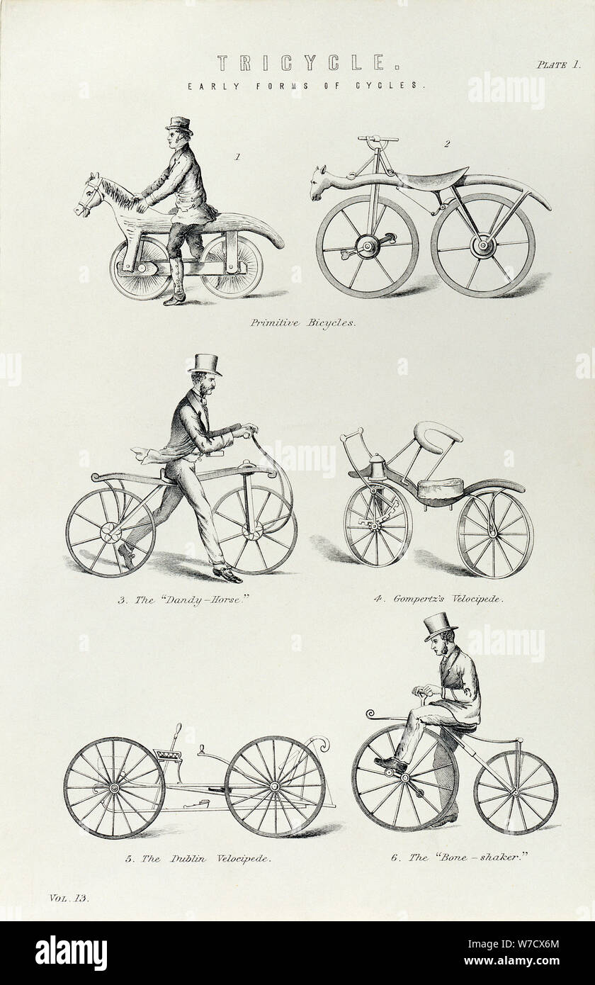 6 frühe Formen von Fahrrad, c 1870. Artist: Unbekannt Stockfoto