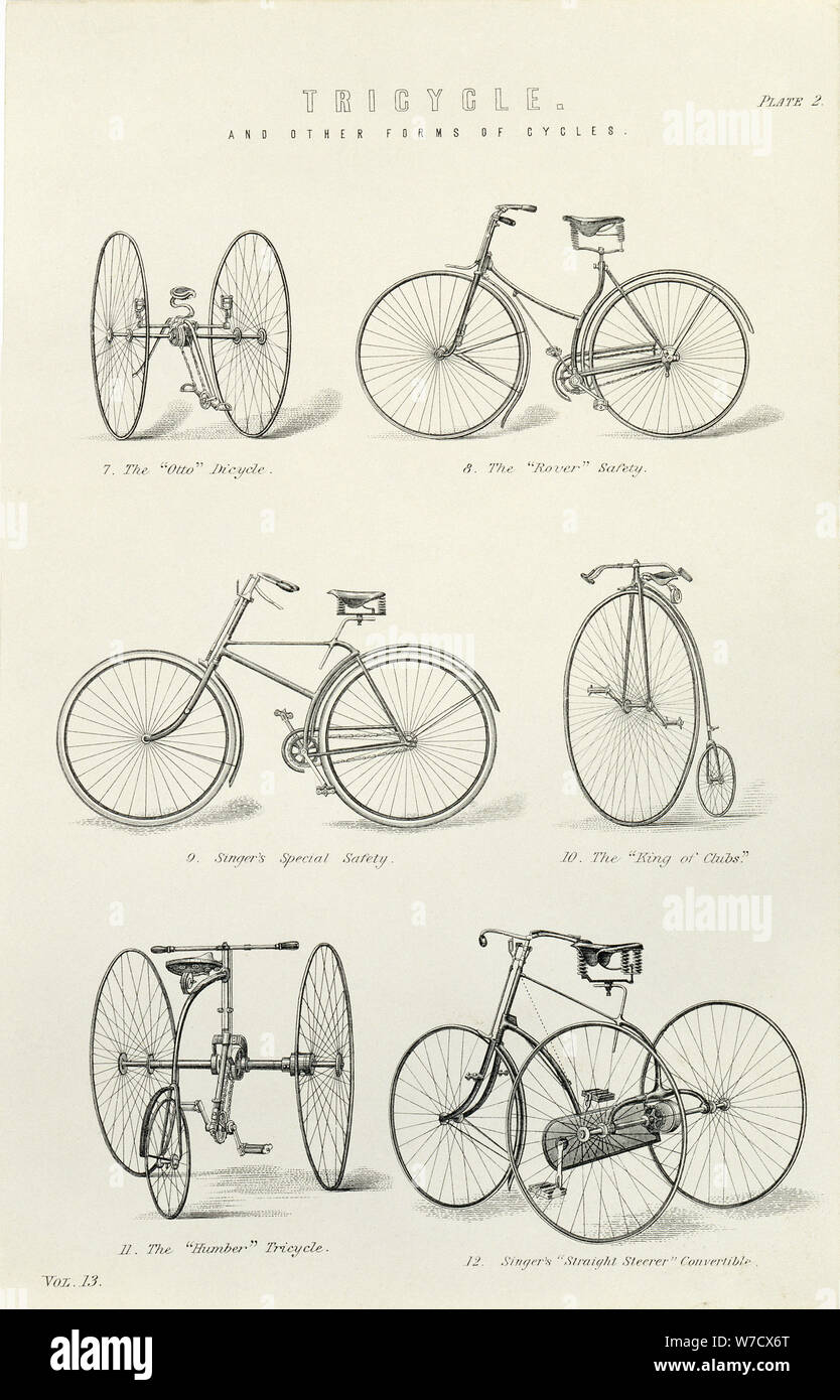 6 frühe Formen der Fahrräder und Dreiräder, 19. Artist: Unbekannt Stockfoto