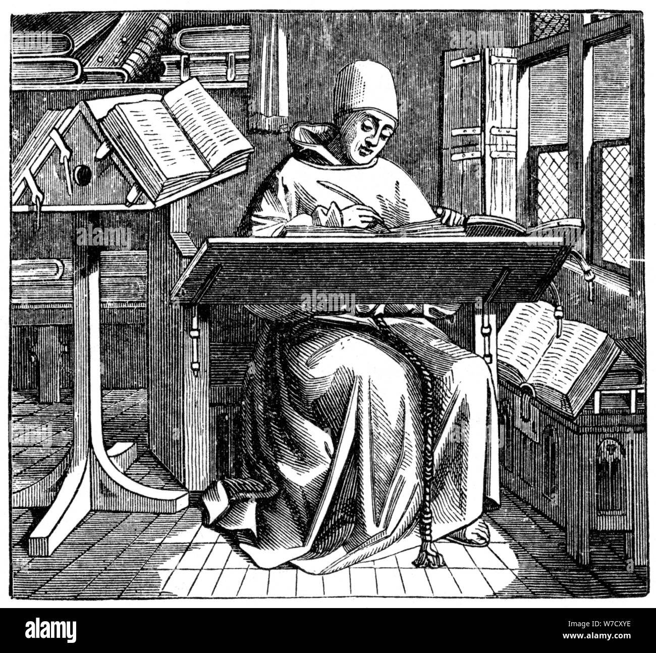 Mönch bei der Arbeit auf ein Manuskript in die Ecke eines Scriptorium, aus dem 15. Jahrhundert. Artist: Unbekannt Stockfoto