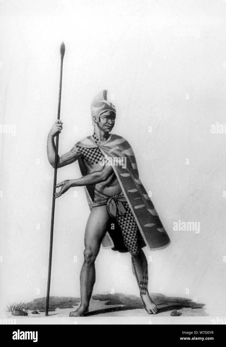 Junge Offizier tragen ein typisches Kostüm von Malo, Hawaii, 1819. Artist: Jacques Etienne Victor Arago Stockfoto