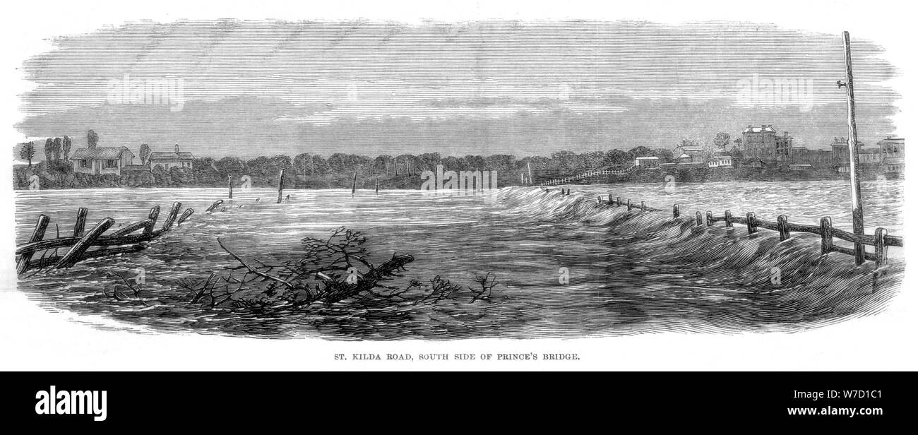 St Kilda Road, Südseite des Prince's Bridge - Überschwemmungen in Melbourne, Australien, 1864. Artist: Unbekannt Stockfoto