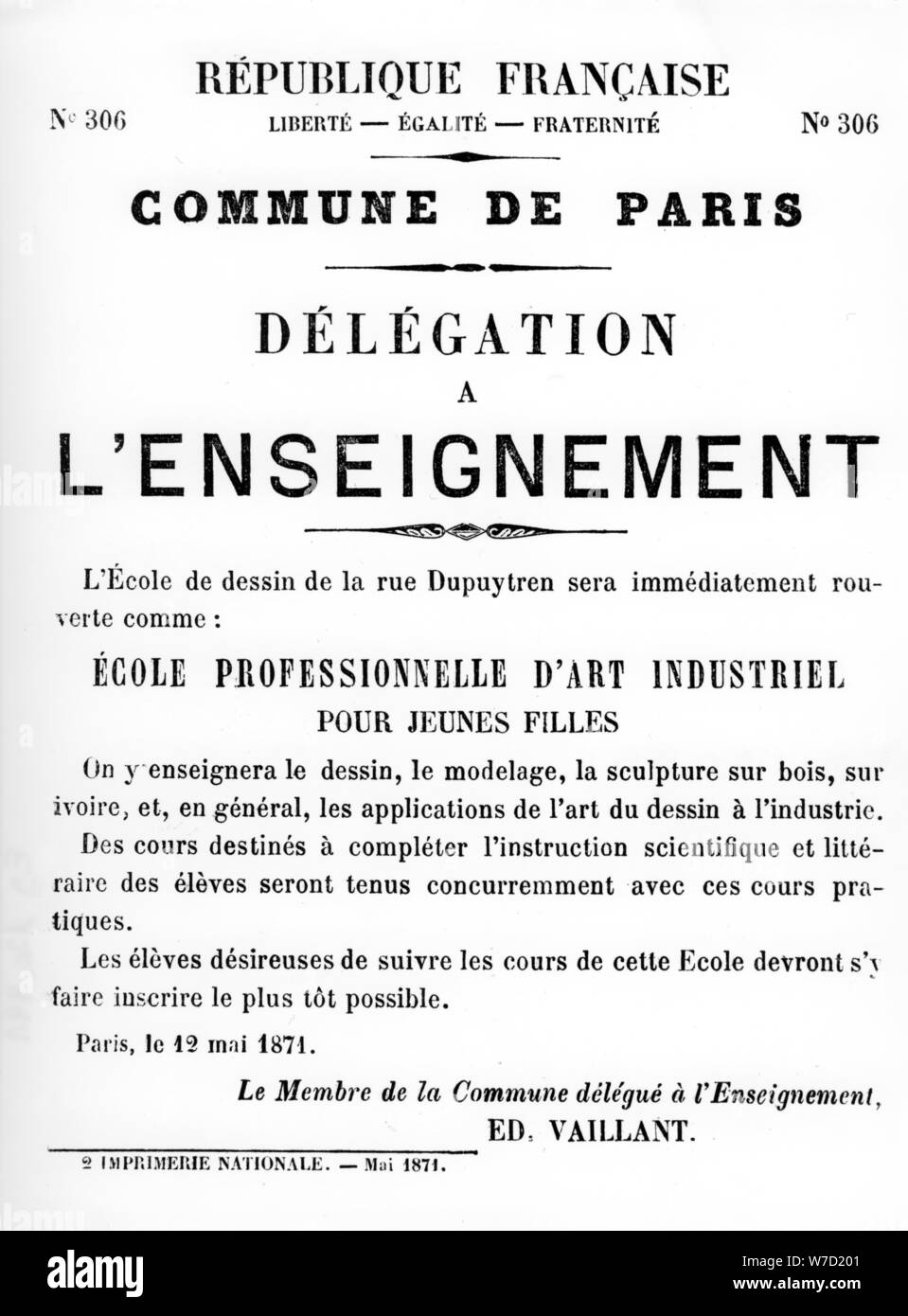 Delegation ein L'Enseignement, aus dem Französischen politischen Plakate der Pariser Kommune, Mai 1871. Artist: Unbekannt Stockfoto