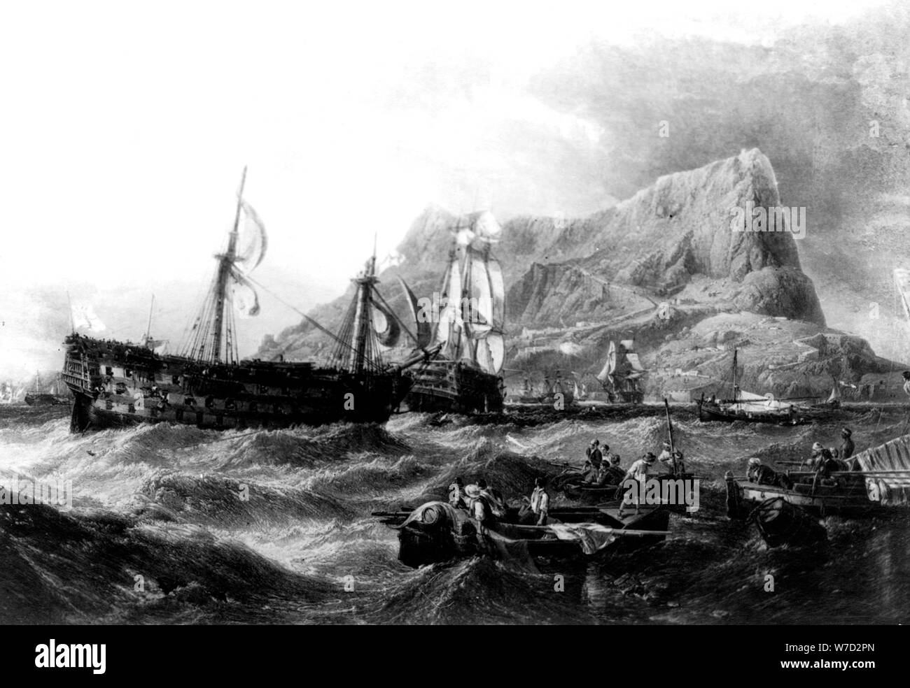 HMS Victory abgeschleppt Zurück zu Gibraltar, 1805, aus dem 19. Jahrhundert. Artist: Unbekannt Stockfoto