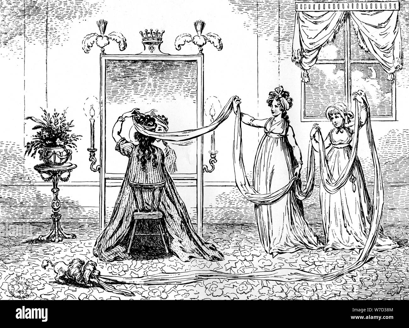 "Eine Dame setzen auf ihre Kappe", Juni 1795. Artist: Unbekannt Stockfoto