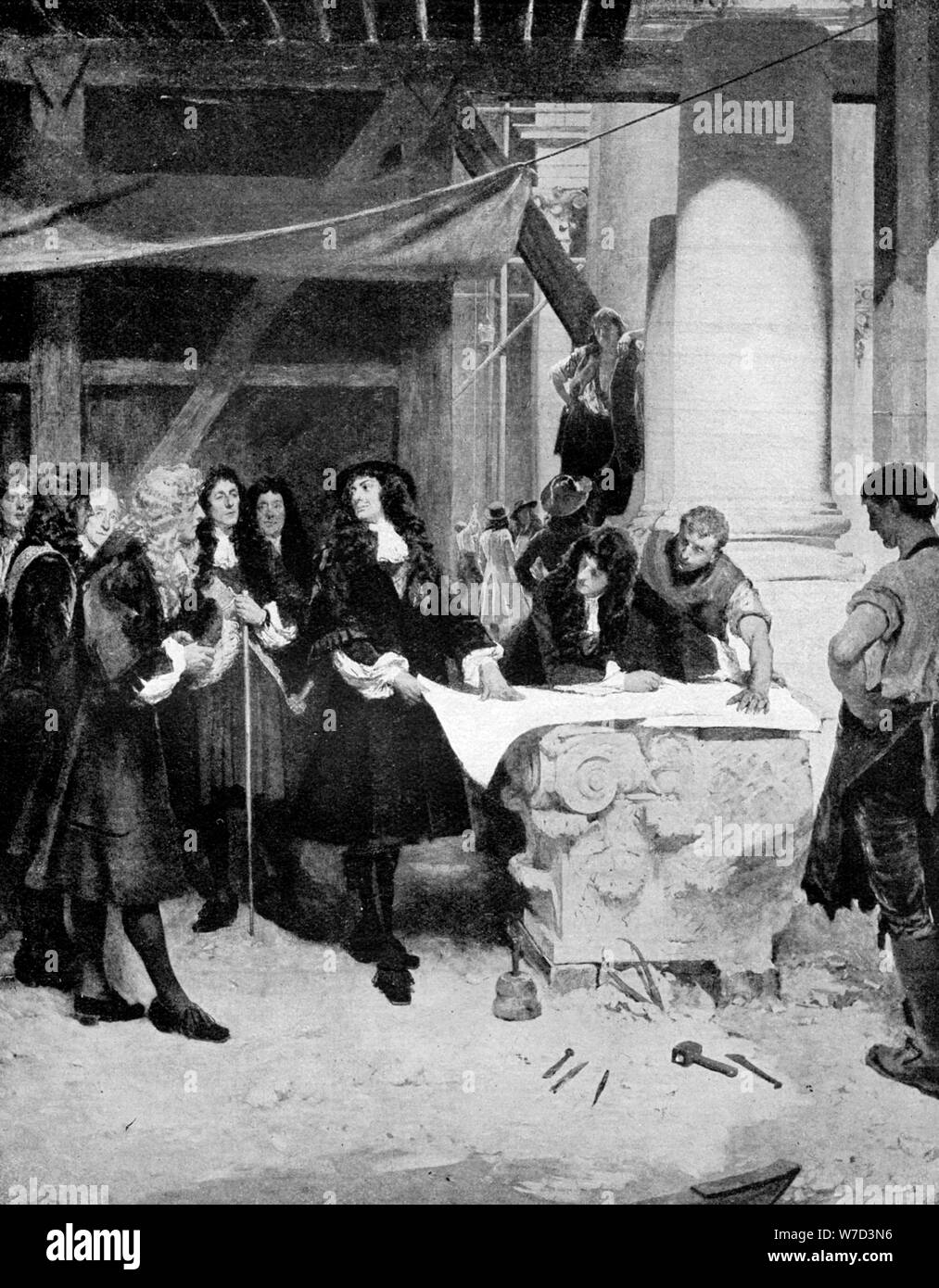 Charles II., Sir Christopher Wren während der St Paul's Cathedral, London, 1909 Künstler: John Seymour Lucas Stockfoto