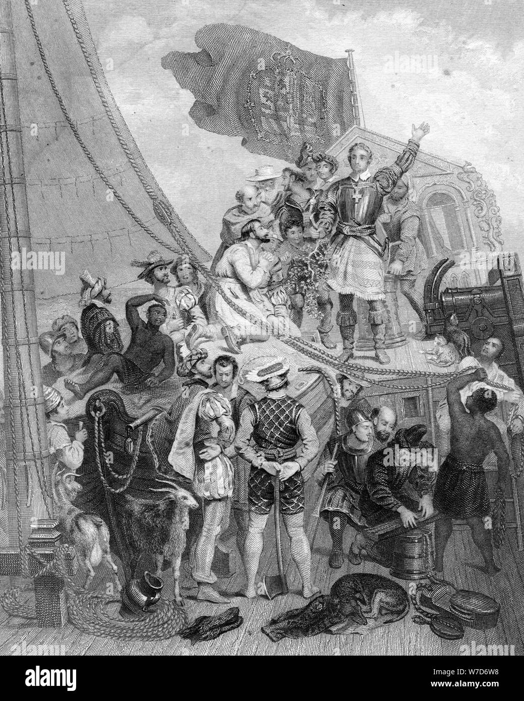 Columbus 'dorschungskommissars ruft "Amerika, 1492, (19. Jahrhundert). Artist: Holhs Stockfoto