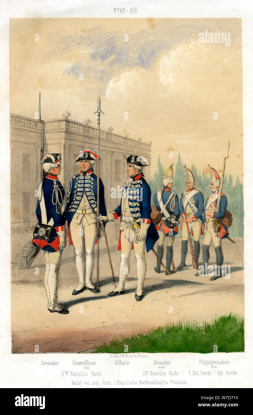 Deutsche militärische Uniformen, 1740-1786 (19. Jahrhundert). Artist: W Korn Stockfoto