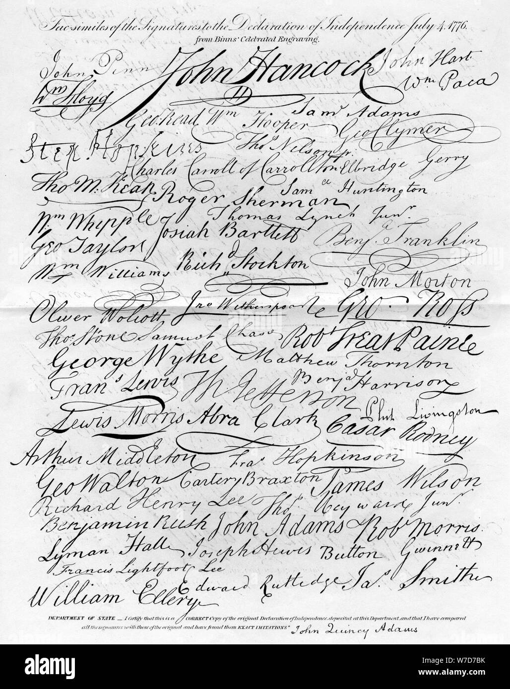 Faksimile der Unterschriften für die Erklärung der Unabhängigkeit, 4. Juli 1776. Artist: Unbekannt Stockfoto