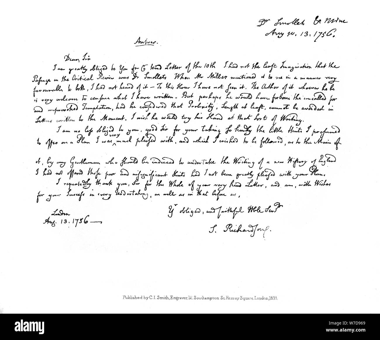 Ein Brief von Samuel Richardson an Dr Smollett, 1756, (1840). Artist: Samuel Richardson Stockfoto