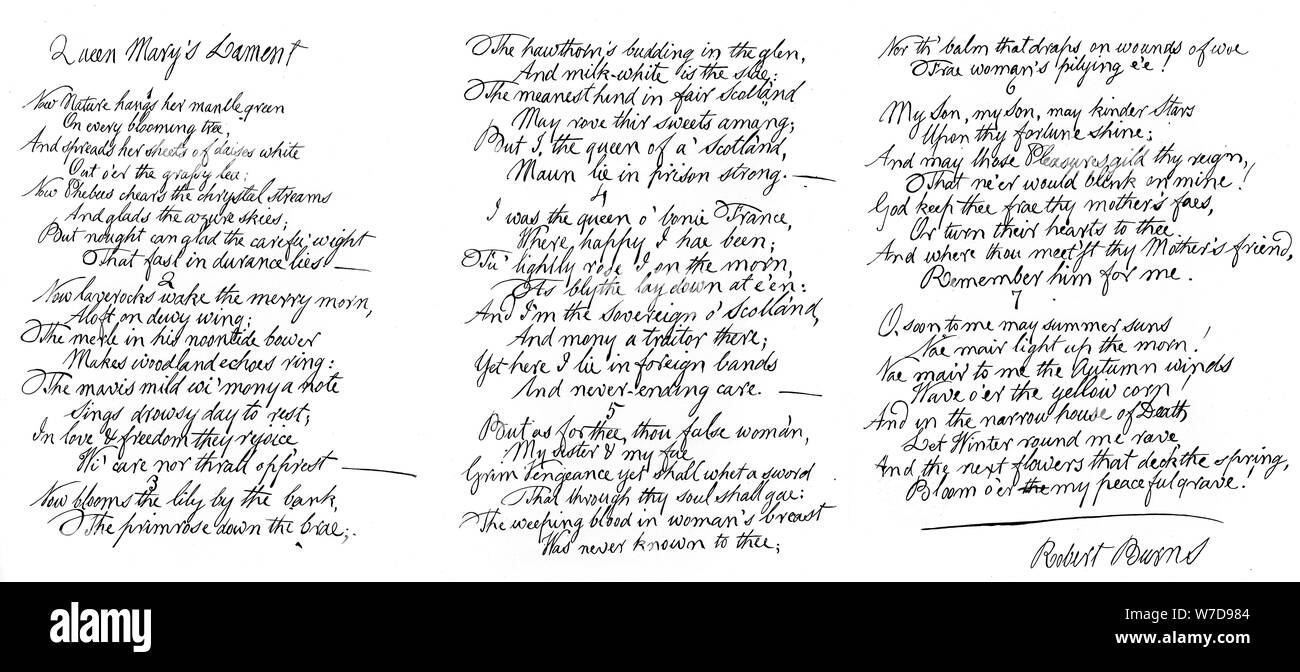 Queen Mary's Klagen, Gedicht, das in der Handschrift von Robert Burns, Ende 18. Jahrhundert, (1840). Artist: Robert Burns Stockfoto