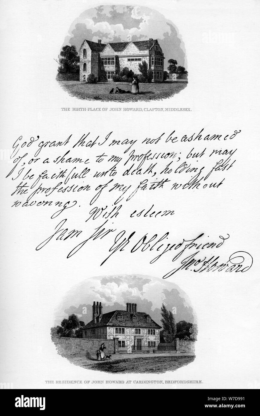 Ein Brief von John Howard, und einen Blick auf seinen Wohnsitz in Cardington, Mitte - Ende des 18. Jahrhunderts, (1840). Artist: John Howard Stockfoto