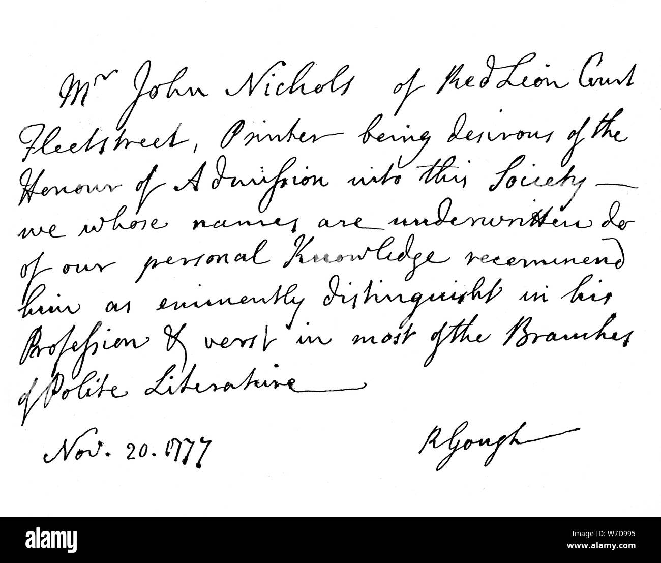 Zertifikat für die Wahl von Herrn John Nichols in die Gesellschaft der Antiquaries, 1777, (1840). Künstler: Richard Gough Stockfoto