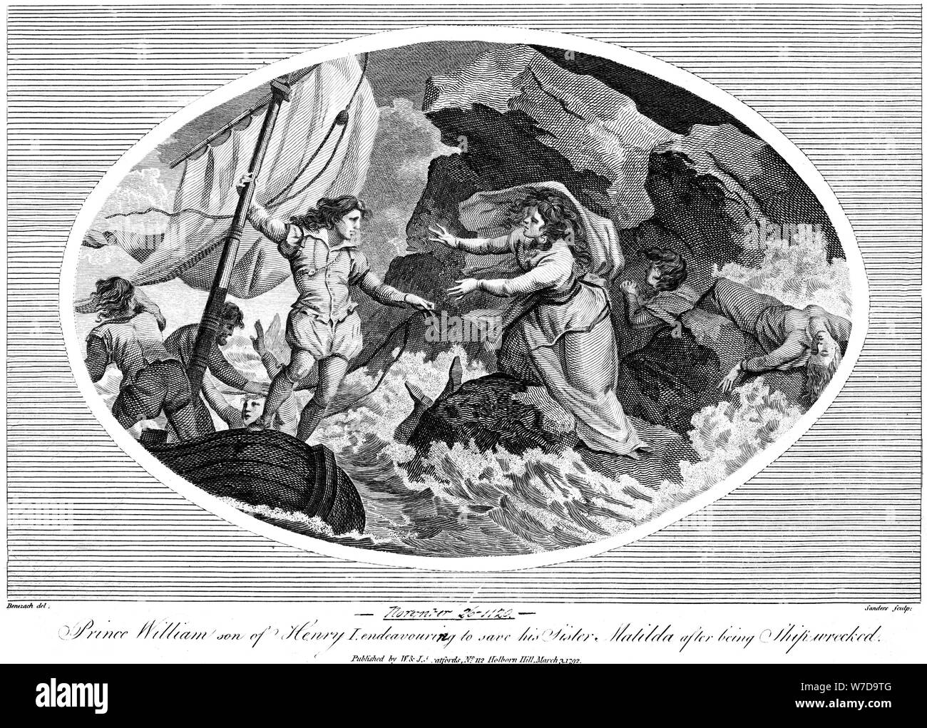 Prinz William, der Sohn von Heinrich I., indem er sich bemühte, seine Schwester Mathilde zu speichern Nach dem Schiffbruch bing, 1792. Artist: Unbekannt Stockfoto