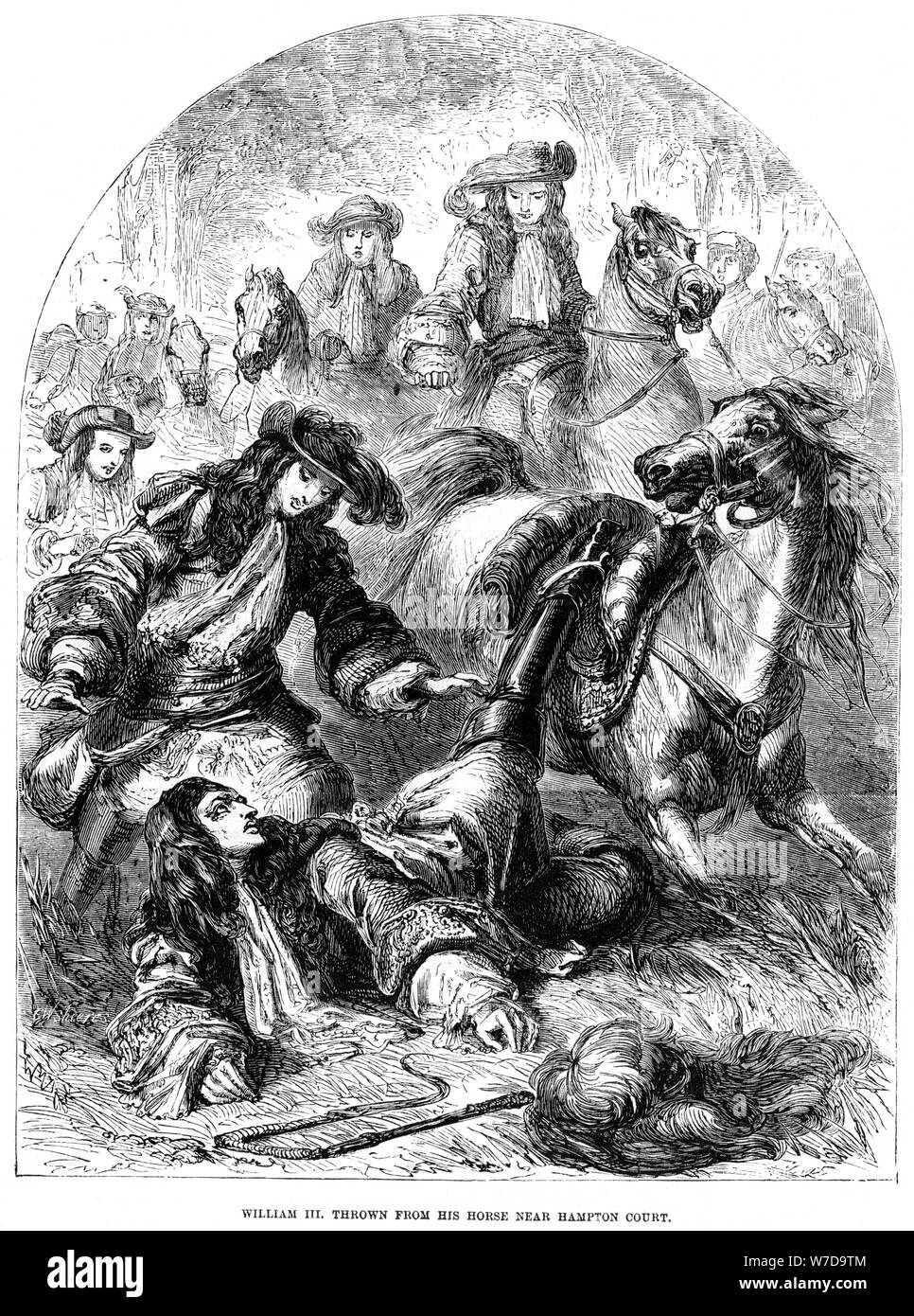 Wilhelm III. von seinem Pferd in der Nähe von Hampton Court geworfen. Artist: C Sheeres Stockfoto