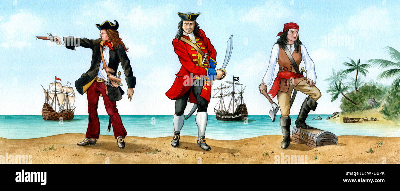 Anne Bonny, John "Calico Jack" Rackam und Mary Read, 18. Jahrhundert  Piraten. Artist: Karen Humpage Stockfotografie - Alamy