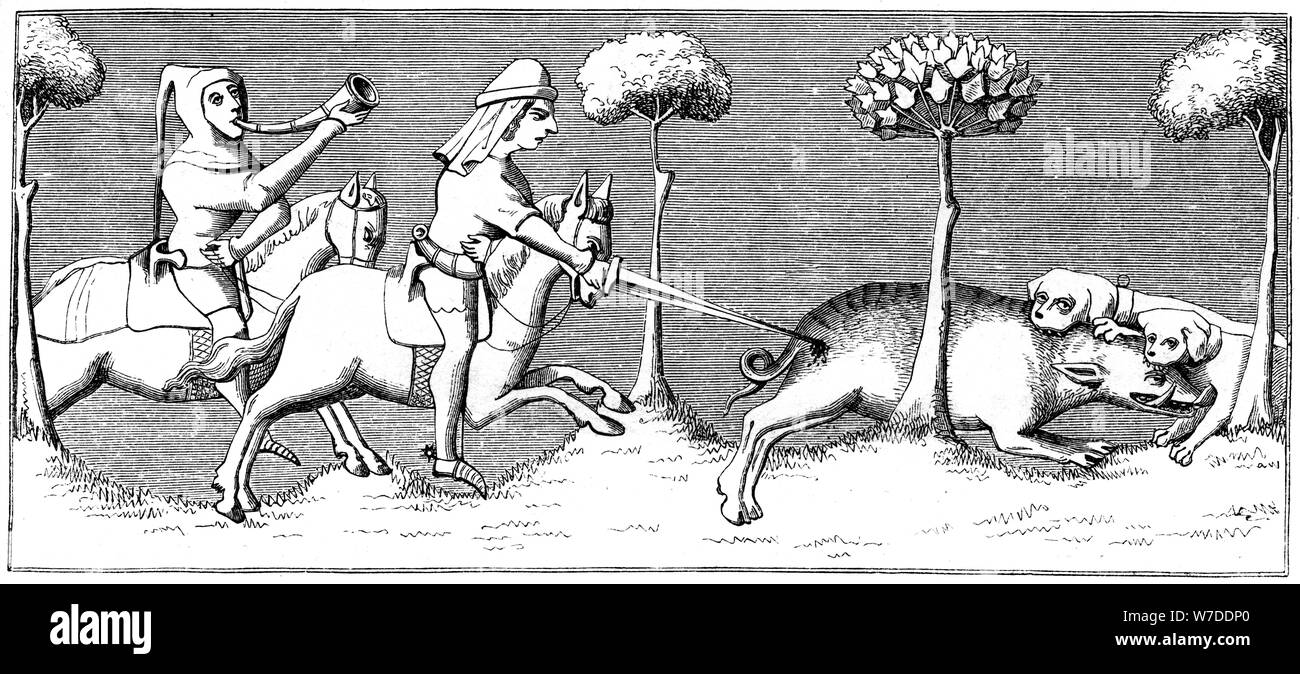Wildschwein Jagd mit Hunden, 14. Jahrhundert (1849). Artist: Unbekannt Stockfoto