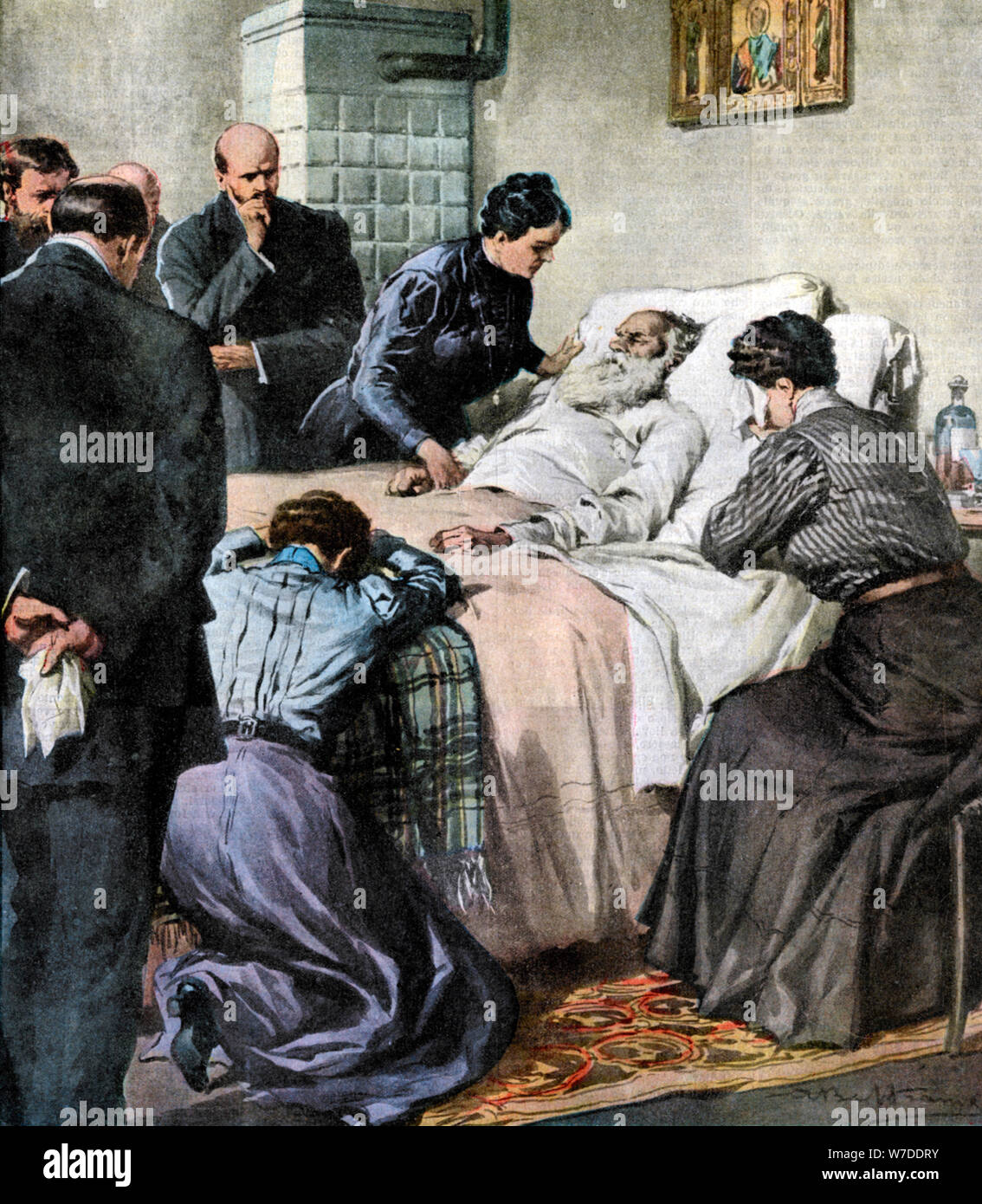 Der Tod von Leo Tolstoi, russischer Schriftsteller und Philosoph, 1910. Artist: Unbekannt Stockfoto