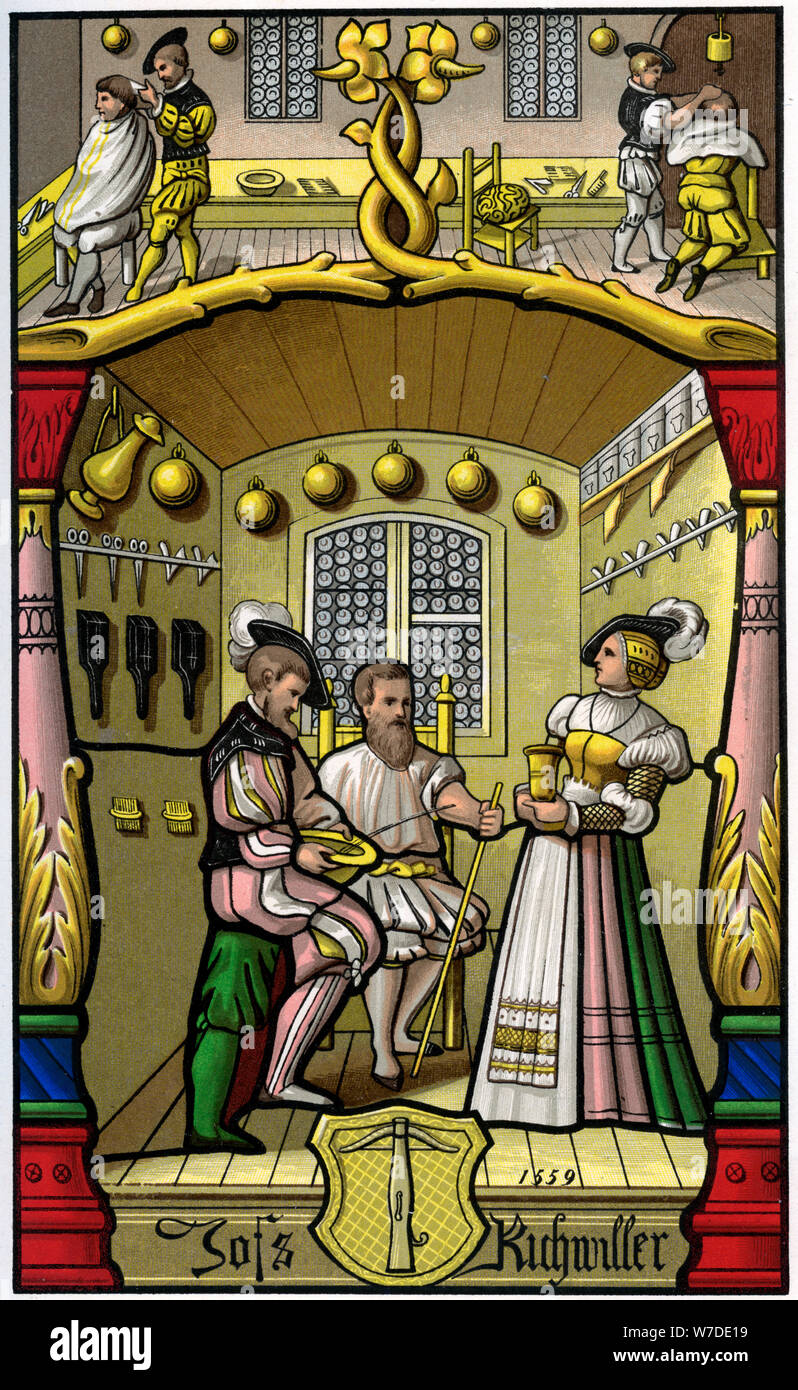 Friseur- und Perückenmacher, 16. Jahrhundert (1849). Artist: Uhr Moulin Stockfoto