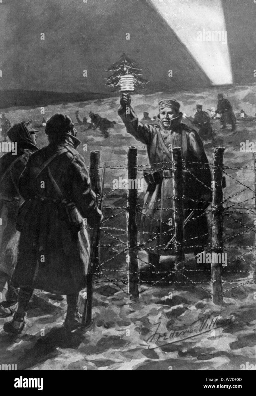 Weihnachten ein Vorfall in den Schützengräben, im Westen, im Dezember 1914, (1920). Schöpfer: Frederick Villiers. Stockfoto