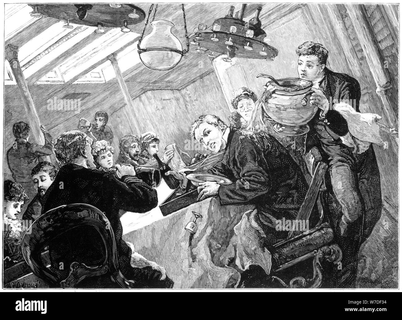 Abendessen im First Class Restaurant eines atlantischen Dampfer an einem stürmischen Tag, c 1890. Artist: Unbekannt Stockfoto