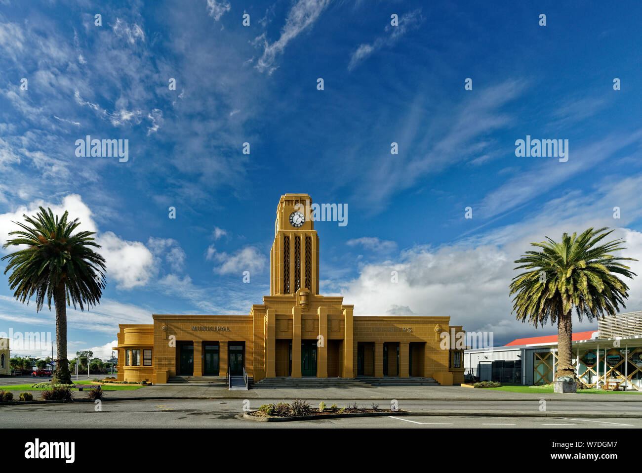 Westport, West Coast/Neuseeland - Juli 20, 2019: Westport Municipal Chambers, Palmerston Street, Rotorua, Neuseeland. Stockfoto