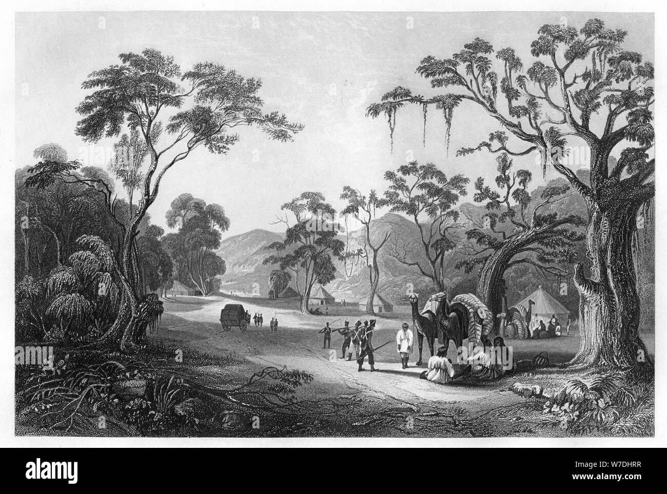 Truppen lagerten sich am Eingang des Keree Pass, nördlich von Meerut, Indien, c 1860. Artist: Unbekannt Stockfoto
