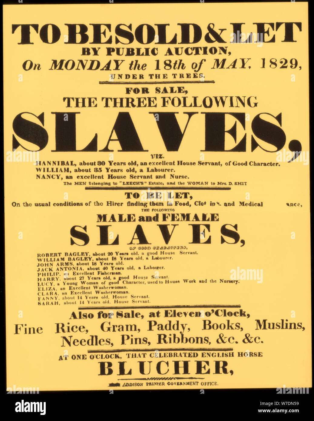 Eine Rechnung, die Werbung, die ein West Indian slave Auktion 1829, (1965). Artist: Unbekannt Stockfoto