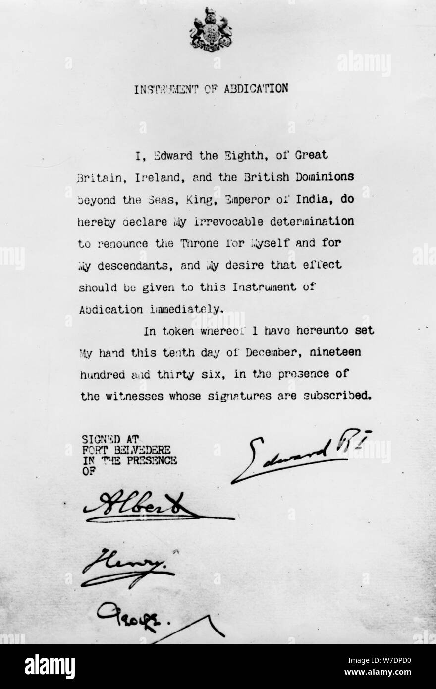 Instrument der Abdankung, Fort Belvedere, 10. Dezember 1936. Artist: Unbekannt Stockfoto