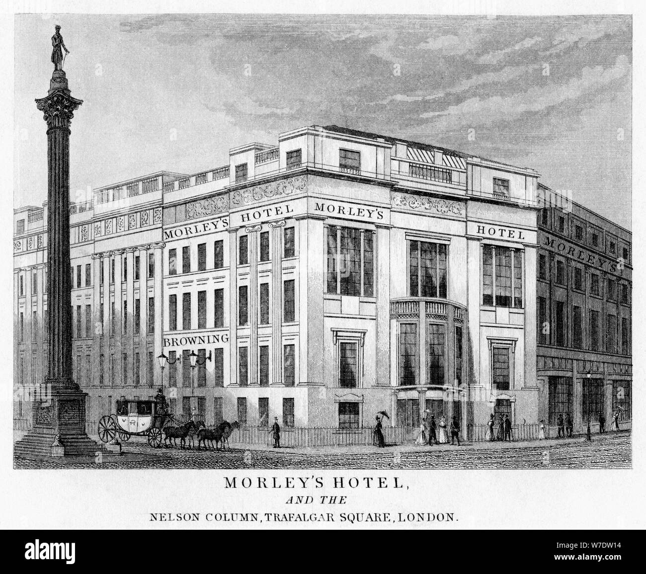 Morley's Hotel und Nelson's Column, Trafalgar Square, Westminster, London, 19. Artist: Unbekannt Stockfoto