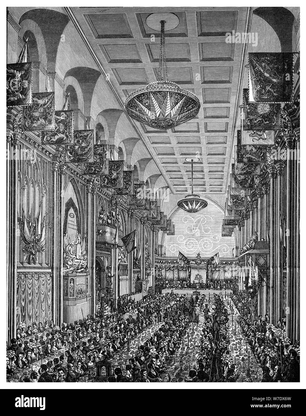 Bankett in der großen Halle für Königin Victoria, Guildhall, City of London, November 1837 (1886). Artist: Unbekannt Stockfoto