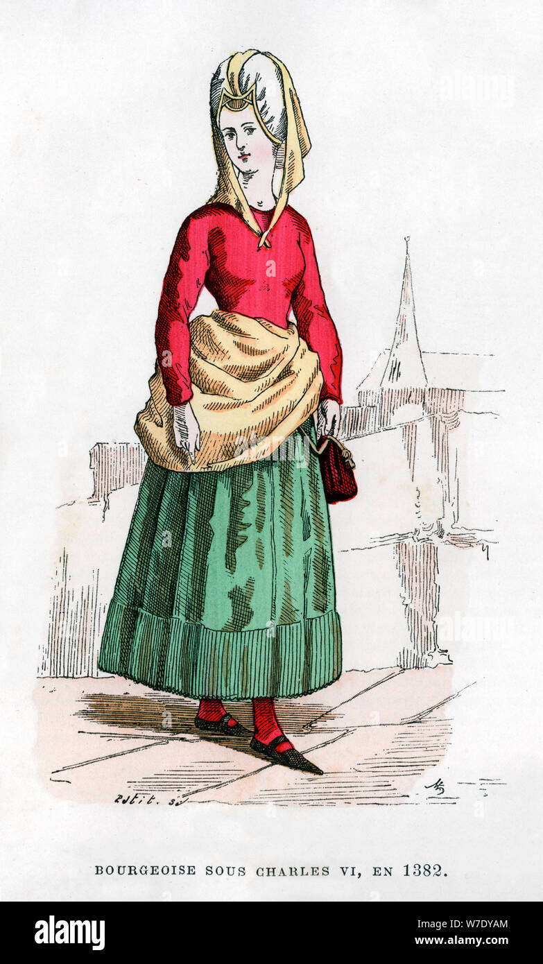 Bourgeoise im Kostüm der Zeit Karls VI. von Frankreich, 1382 (1882-1884). Artist: Petit Stockfoto