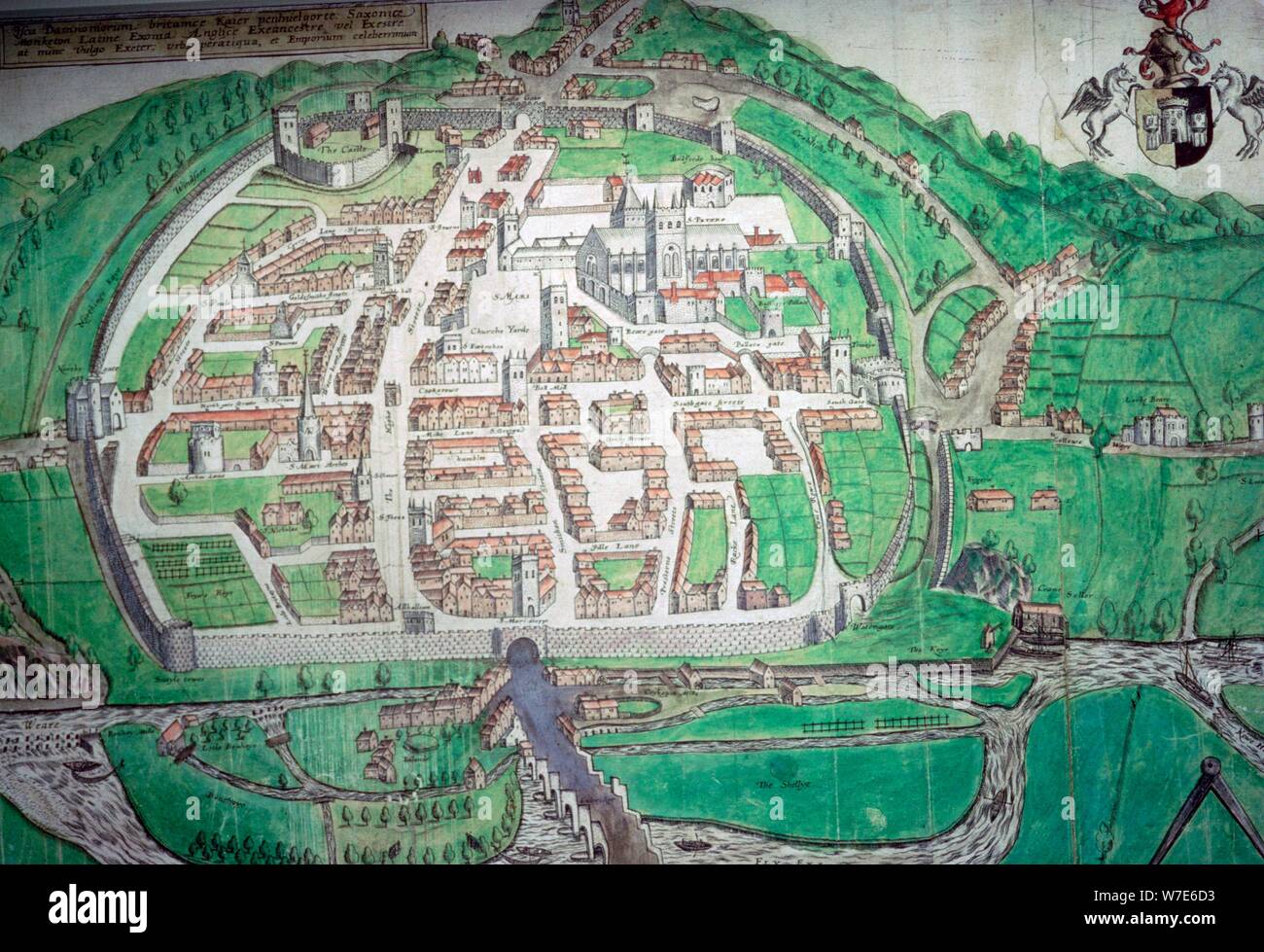 Karte der englischen Stadt Exeter von John Hooker, 1587. Artist: John Hooker Stockfoto