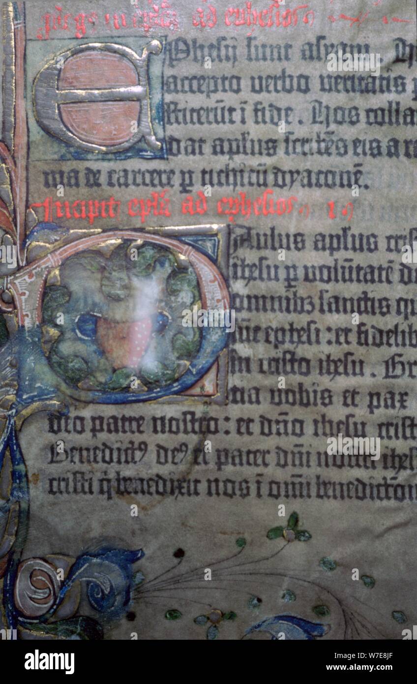 Aus dem fünfzehnten Jahrhundert Gutenberg-museum Bibel Detail, von der Öffnung der Epheser. Artist: Johannes Gutenberg-museum Stockfoto