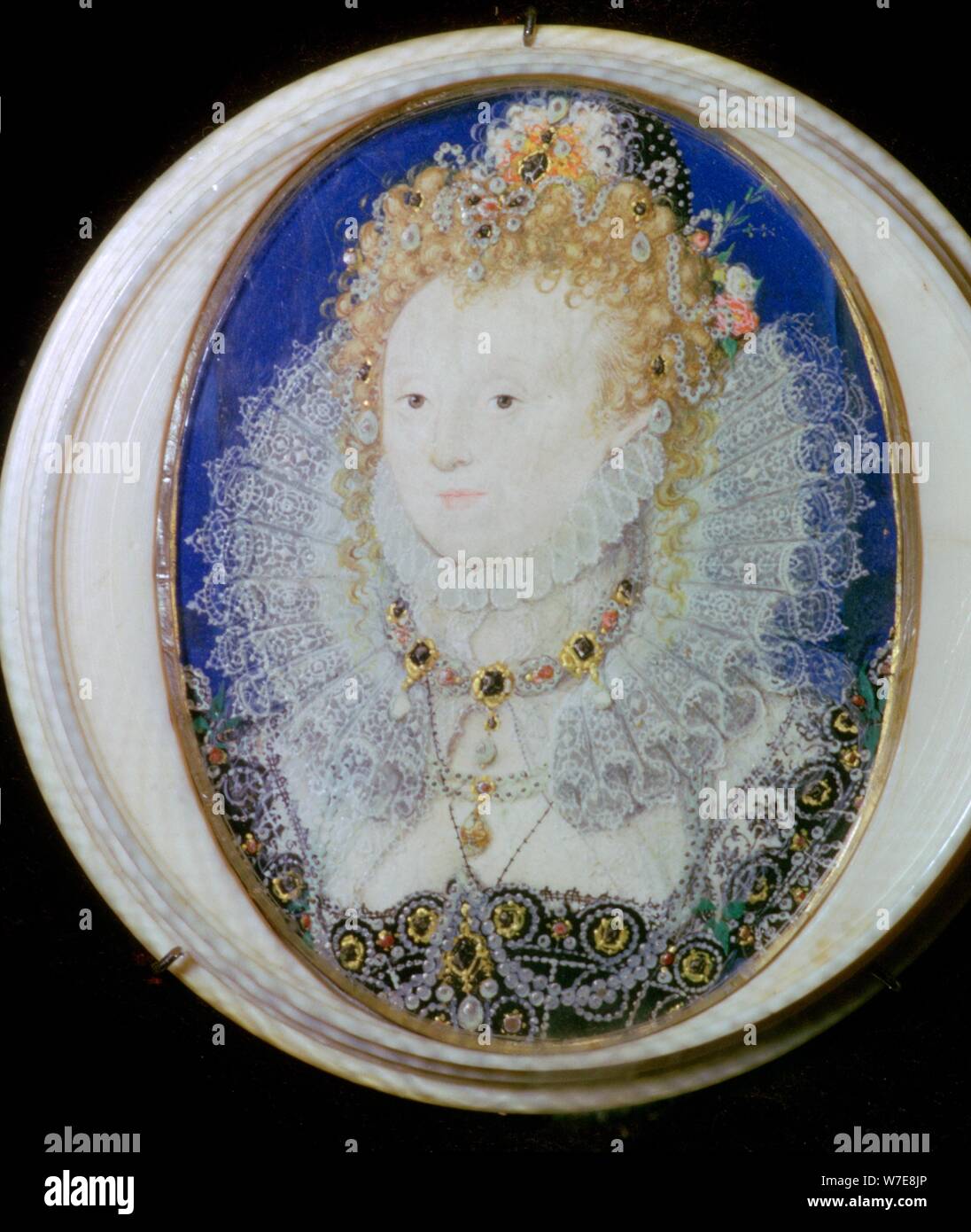 Zeitgenössische Miniatur Portrait von Elisabeth I. von England. Artist: Nicholas Hilliard Stockfoto