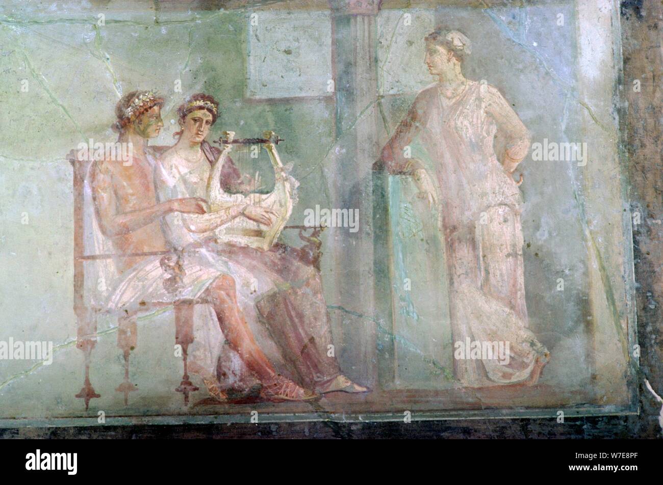 Die Musik, die Lektion, eine Römische Wandmalerei aus Herculaneum in den Ausbruch des Vesuvs begraben. Artist: Unbekannt Stockfoto