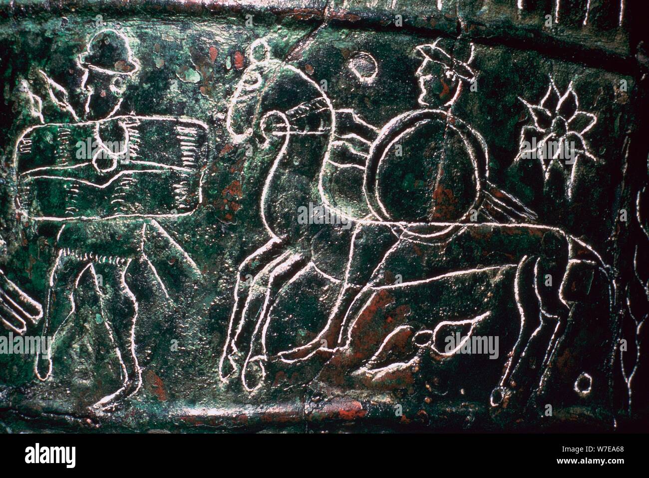 Detail einer Bronze situala mit etruskischen Soldaten, 5. Jahrhundert v. Chr.. Artist: Unbekannt Stockfoto