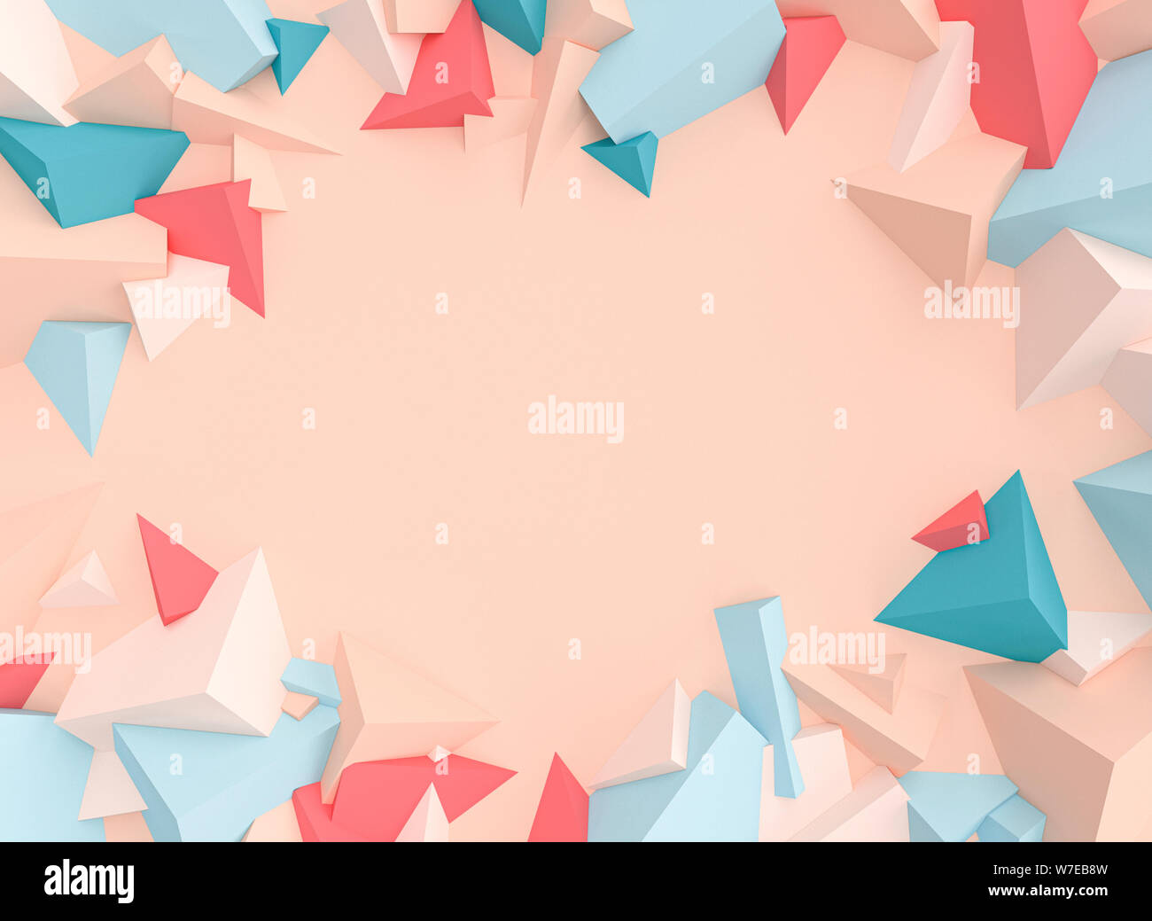 3D-Render abstraktes Bild aus einer Reihe von geometrischen Objekten mit dreieckigen Formen in Pastelltönen. Stockfoto