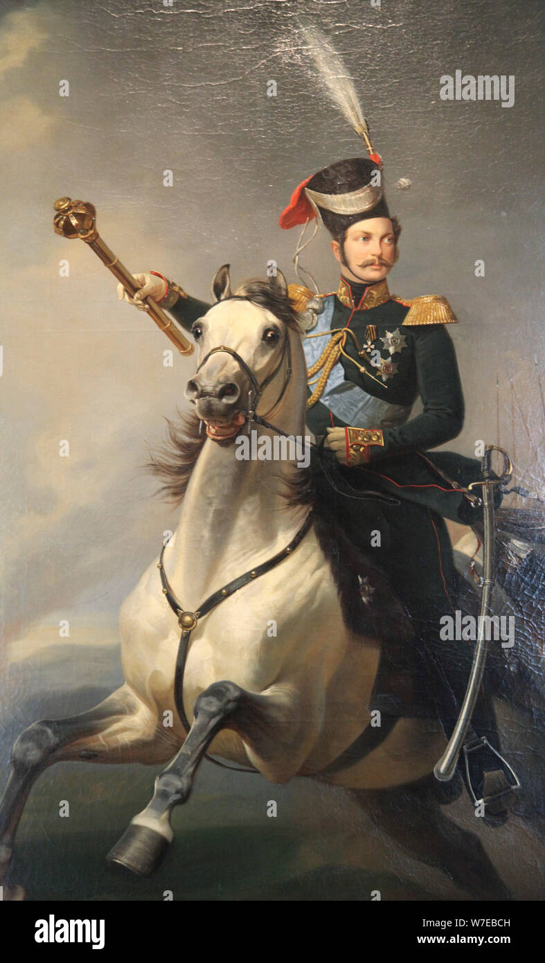"Porträt des Tsesarevich Alexander Nikolaevich zu Pferd", 1850. Artist: Egor Botman Stockfoto