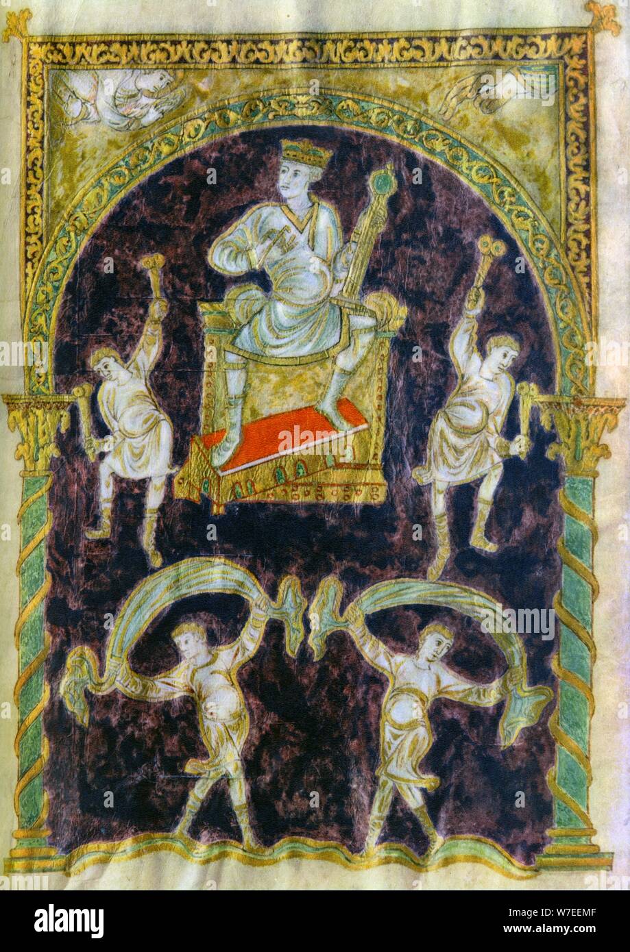 König David auf dem Thron, Tänzer, Ende des 9. Jahrhunderts (890-900), die Abtei von St. Gallen. Artist: Unbekannt Stockfoto