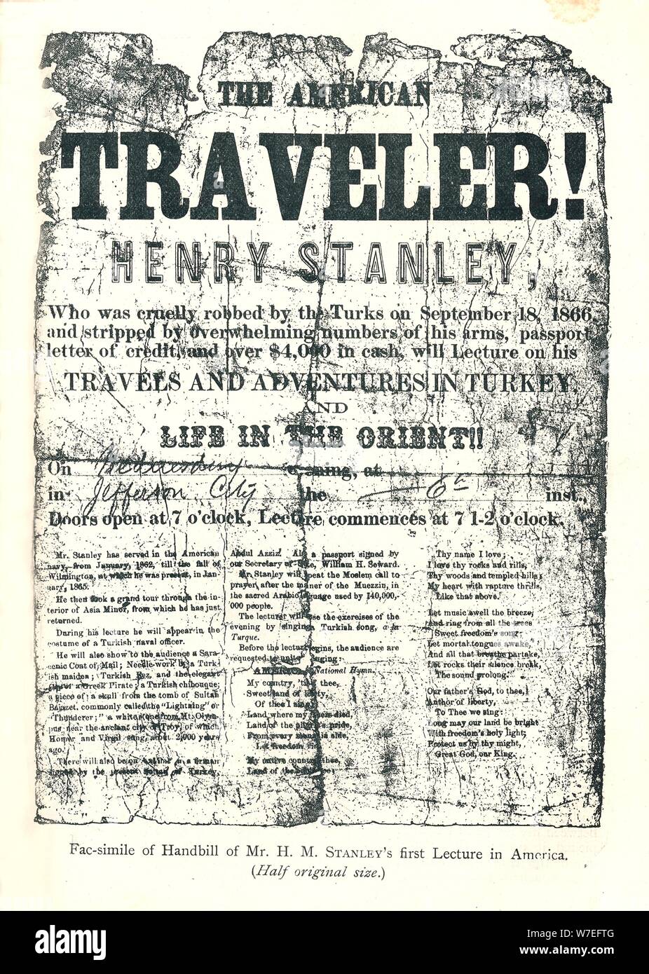 Henry M. Stanley, Flugblatt von Vortragsreise in Amerika, im Alter von 31 entdeckt Dr. Livingstone in Afric Artist: Unbekannt Stockfoto