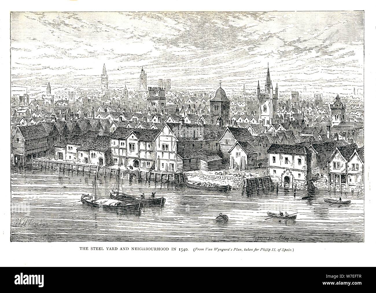 Der Stahl Yard (Eisen Wharf) und Nachbarschaft in 1540. Auf der Riverside, 1878 Künstler: Walter Thornbury Stockfoto