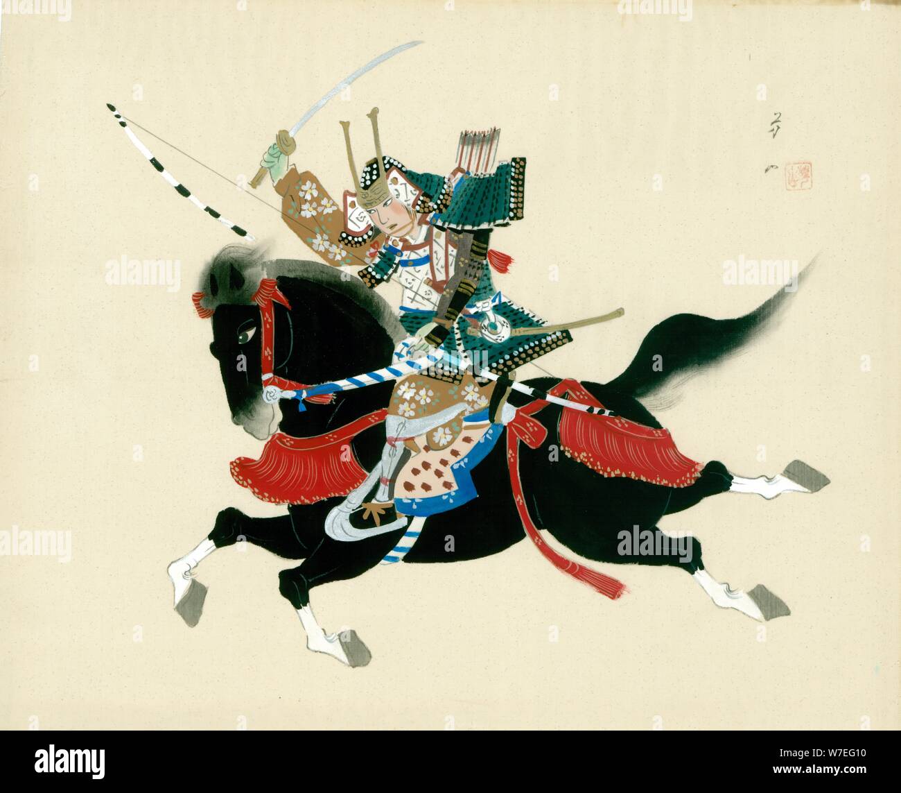 Samurai Warrior ein Pferd reiten. Ein japanischer Malerei auf Seide, in einem traditionellen japanischen Stil. Artist: Unbekannt Stockfoto