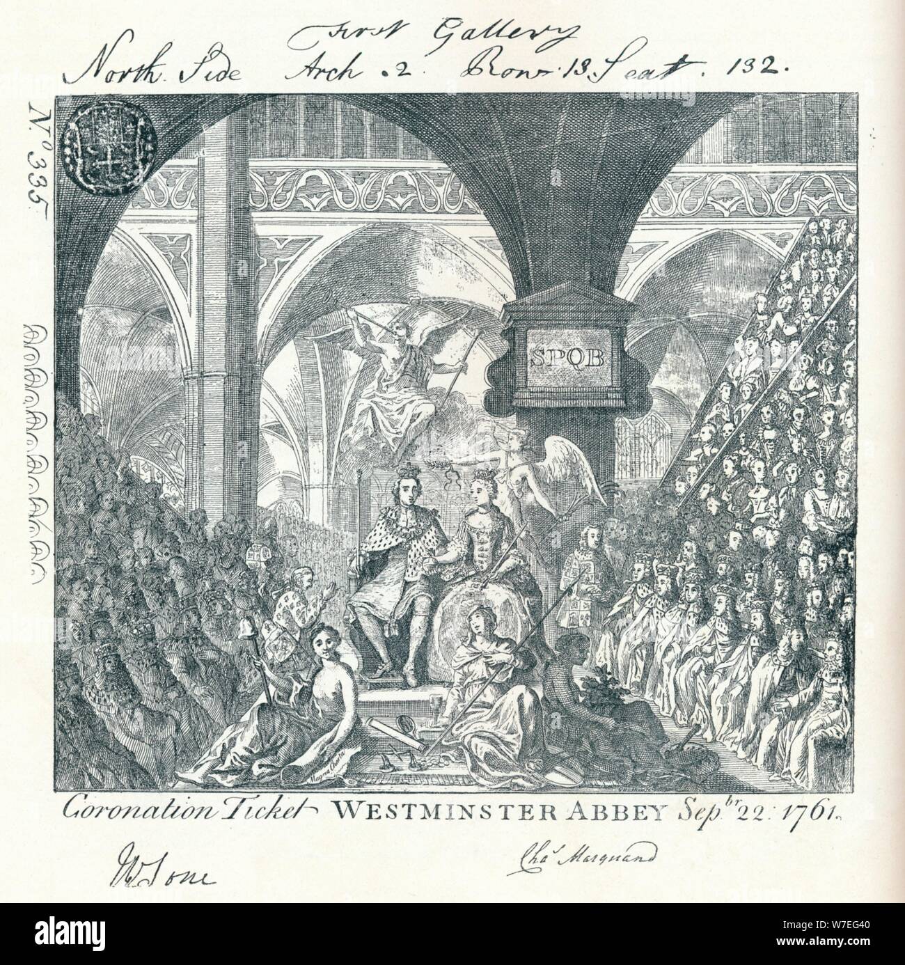 Graviert Ticket für die Krönungszeremonie von George III in der Westminster Abbey' 1761 (1906). Artist: George Bickham Stockfoto