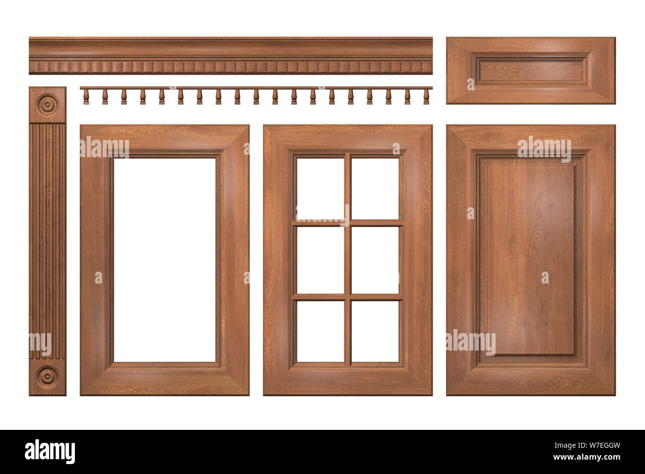Vordere Ansammlung isolierter Holztüren, Schublade, Spalte, Gesims für Küchenschrank Stockfoto