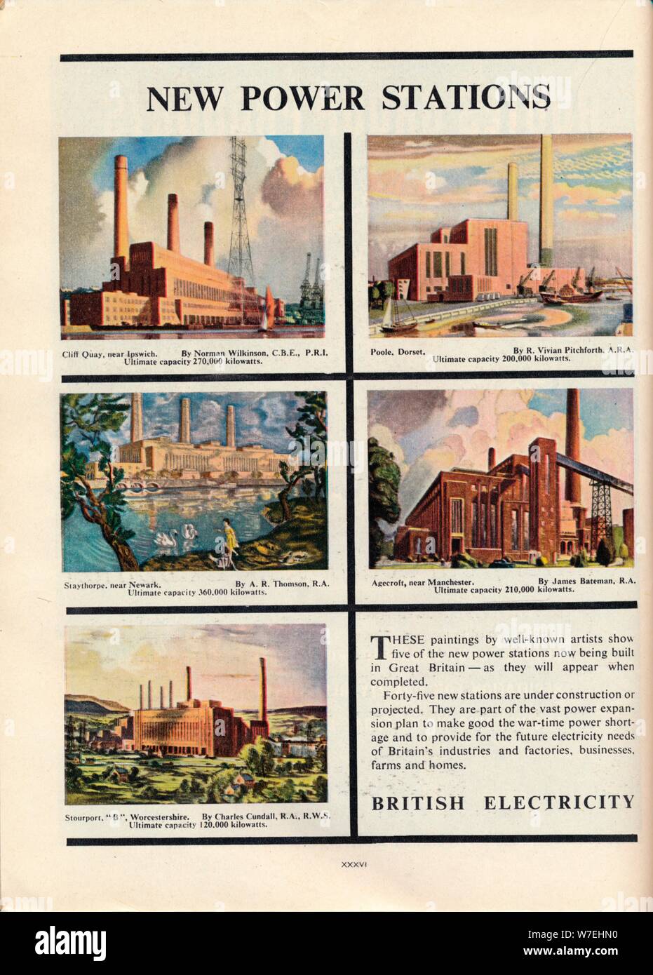 Neue Kraftwerke, Anzeige für britische Elektrizität, 1951. Künstler: Norman Wilkinson Stockfoto