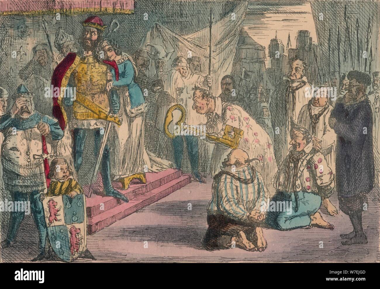 Königin Philippa Fürbitte mit Edward III für die sechs Bürger von Calais, 1850. Künstler: John Leech Stockfoto