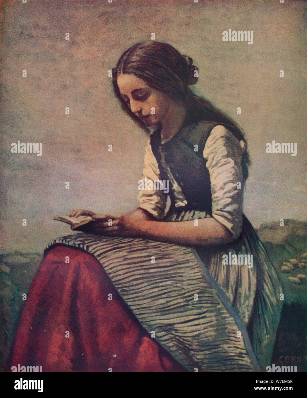 "La petite Liseuse Ou Jeune Bergère assise et Lisant', c1855. Künstler: Jean-Baptiste-Camille Corot. Stockfoto
