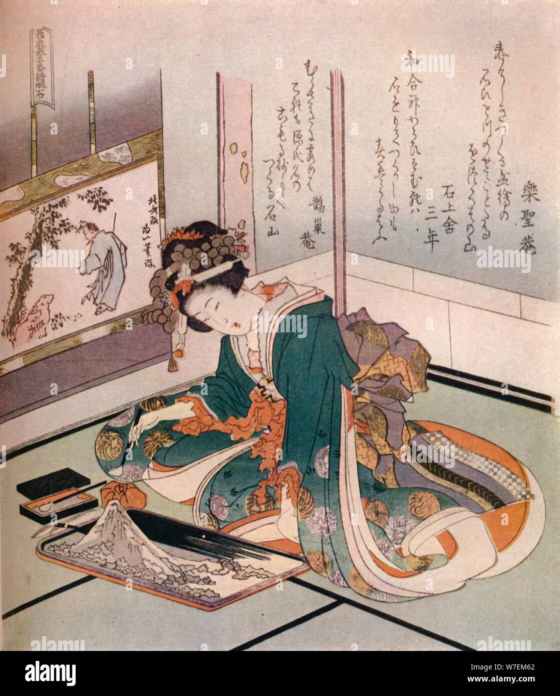 "Eine Frau, die ein Miniaturmodell des Mount Fuji', c 1823. Schöpfer: Hokusai. Stockfoto