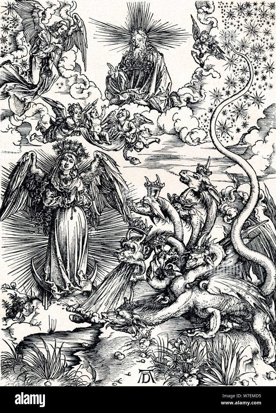 "Die Frau mit der Sonne bekleidet und der siebenköpfige Drache", 1498 (1906). Künstler: Albrecht Dürer. Stockfoto